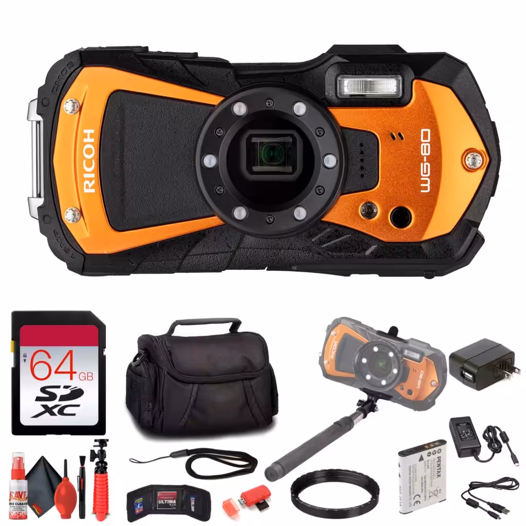 Ricoh WG-80 Rugged Waterproof Digital Camera (Orange) Shockproof Freezeproof Compact Design | Full HD Video LED Macro Lights for Outdoor Travel Adventure + 64GB Card + More (12 Pc Bundle)