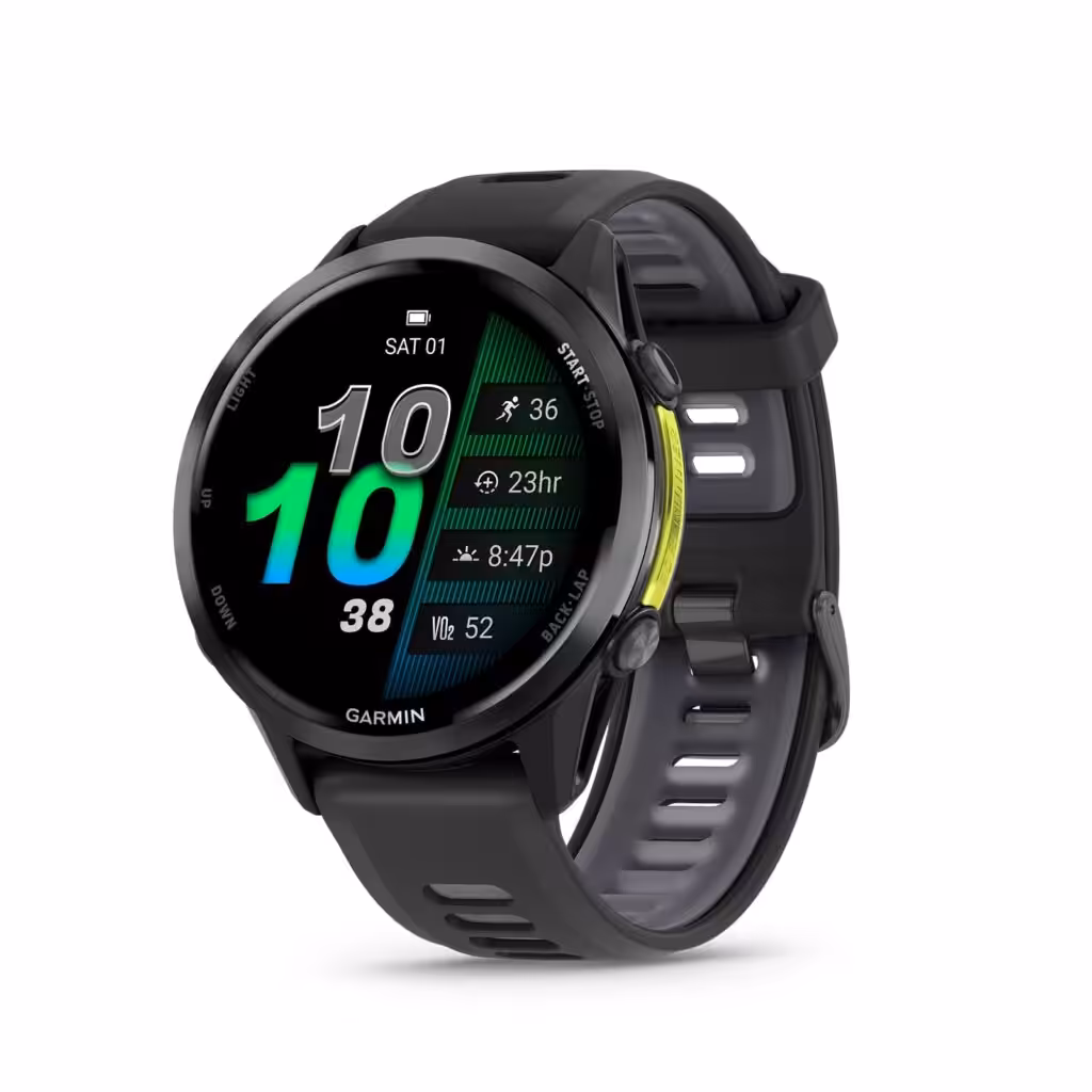Garmin® Forerunner® 970, Premium GPS Running and Triathlon Smartwatch, AMOLED Display, Built-in LED Flashlight, Carbon Gray DLC Titanium with Black Case and Translucent Whitestone Band