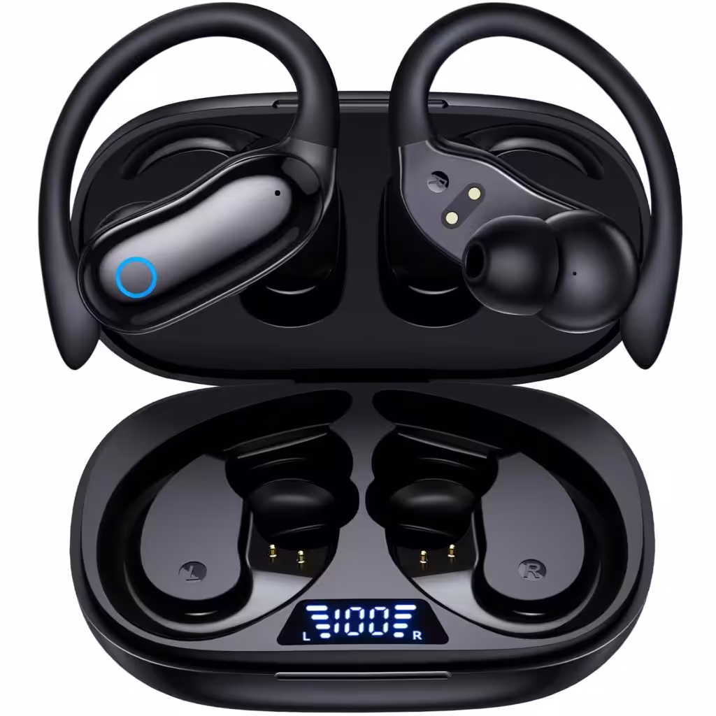 GNMN Active Noise Cancelling Ear Buds Wireless Earbuds 96hrs Playback Bluetooth Headphones Dual Battery Display Stereo Bass Earphones with Earhooks Microphone IPX7 Waterproof for Sports/Runing/Workout