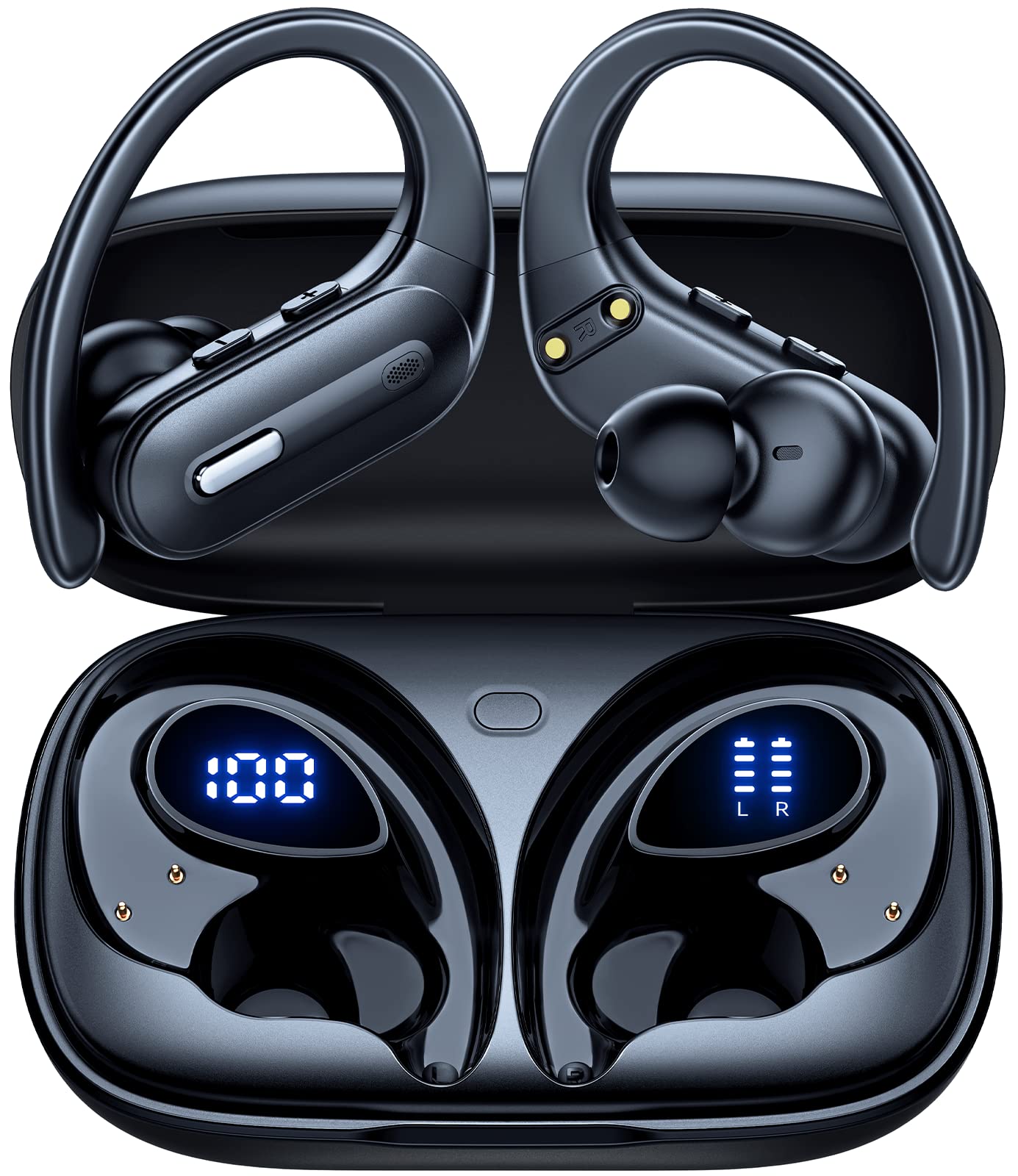 Active Noise Cancelling Ear Buds Wireless Earbuds 90Hrs Playtime Bluetooth Headphones with Hi-Res Stereo Deep Bass Power Display Earphones with Earhooks Waterproof Transparency Headset for Sports/Gym