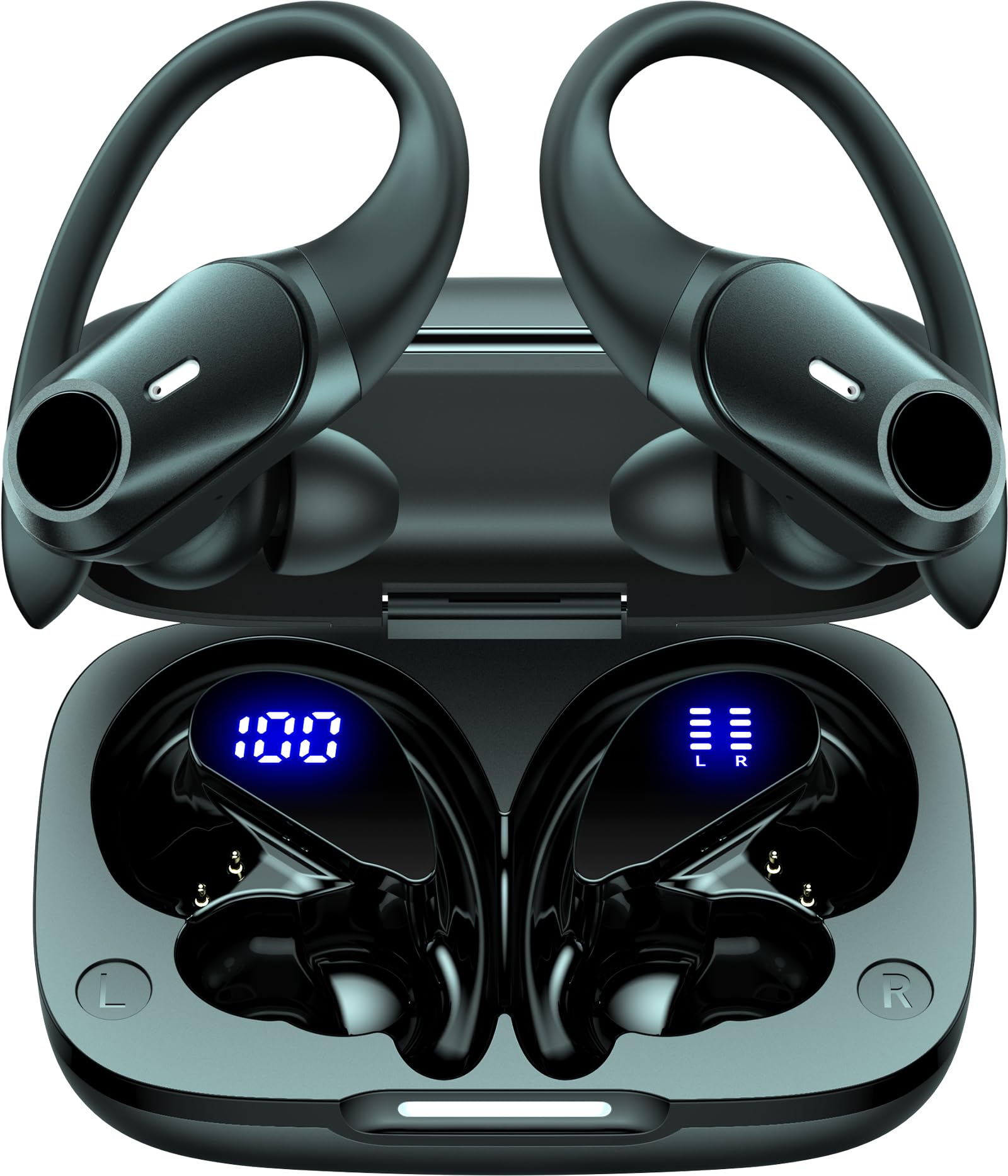 Active Noise Cancelling Ear Buds Wireless Earbuds 80H Playtime Bluetooth Headphones Over Ear Hooks Earphones with Power Display Case Hi-Res Stereo &amp; Clear Calls for Sports Running Gym Workout Black
