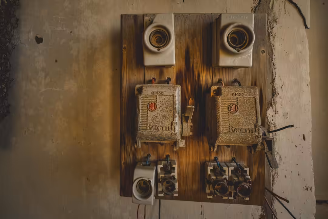 A couple of electrical boxes sitting on top of a wall