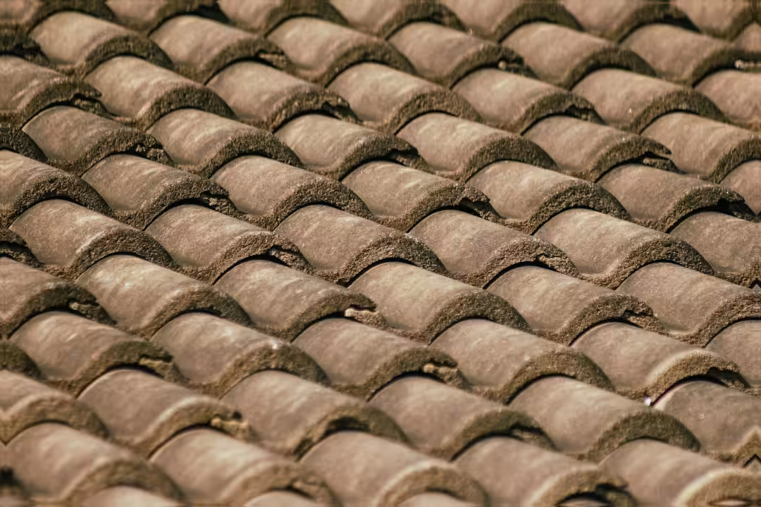 Close-up of weathered terracotta roof tiles in rows.