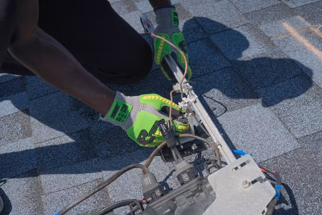 Worker installs wires on a roof.
