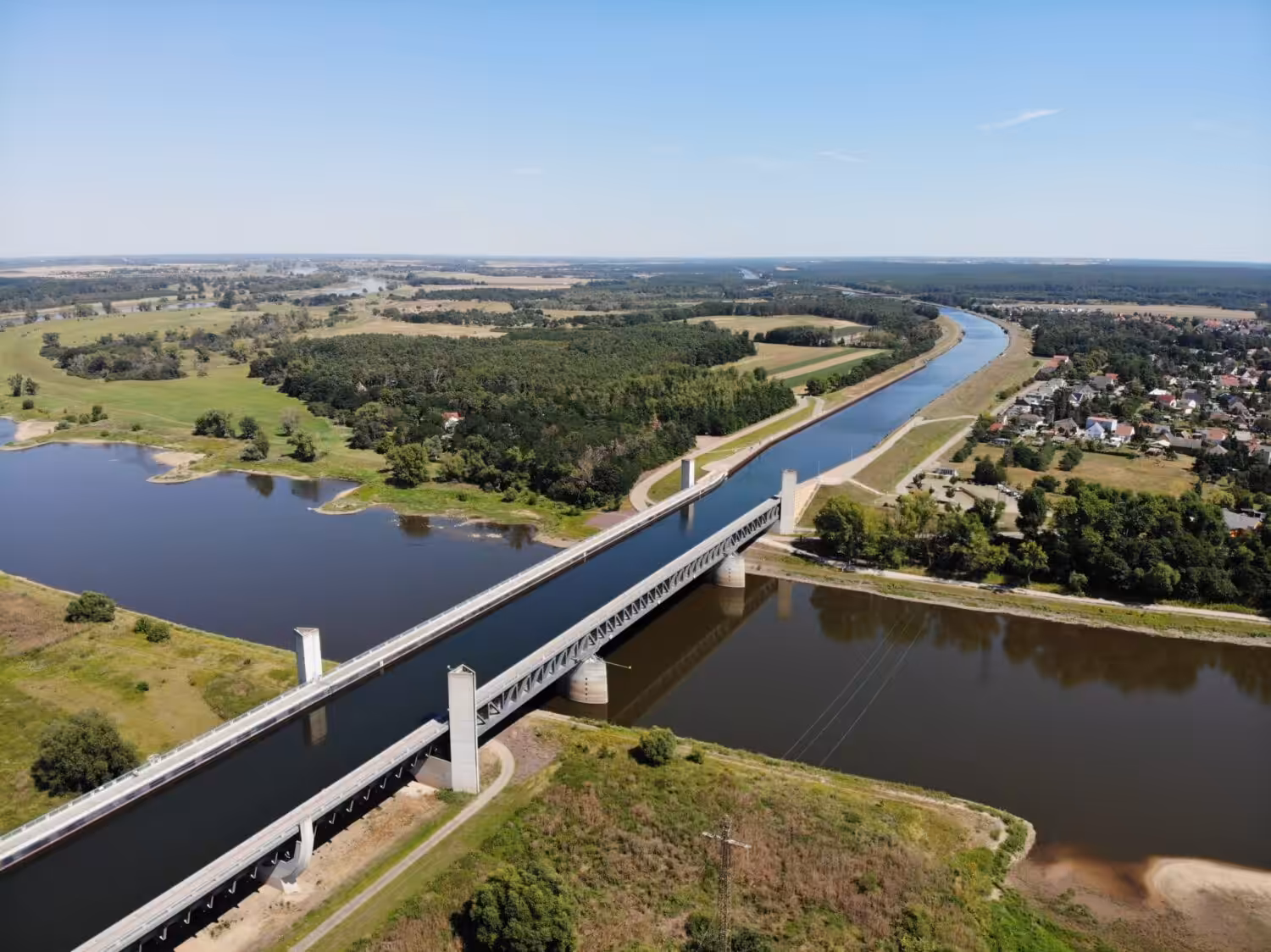 Magdeburg Water Bridge in Germany, an engineering feat combining navigable aqueduct and bridge infrastructure.