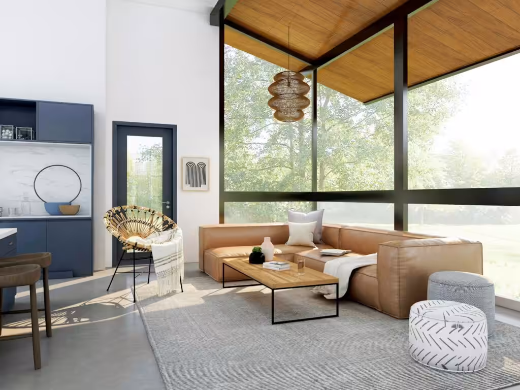 Residential interior material palette with natural stone and sleek forms inspired by Amangiri desert residence.
