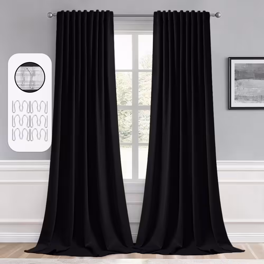 MIULEE 2 Panels Back Tab Blackout Curtains 96 Inch Long for Living Room Bedroom, Halloween Black Rod Pocket/Pinch Pleated Thermal Insulated Room Darkening Light Blocking Floor to Ceiling Curtain/Drape