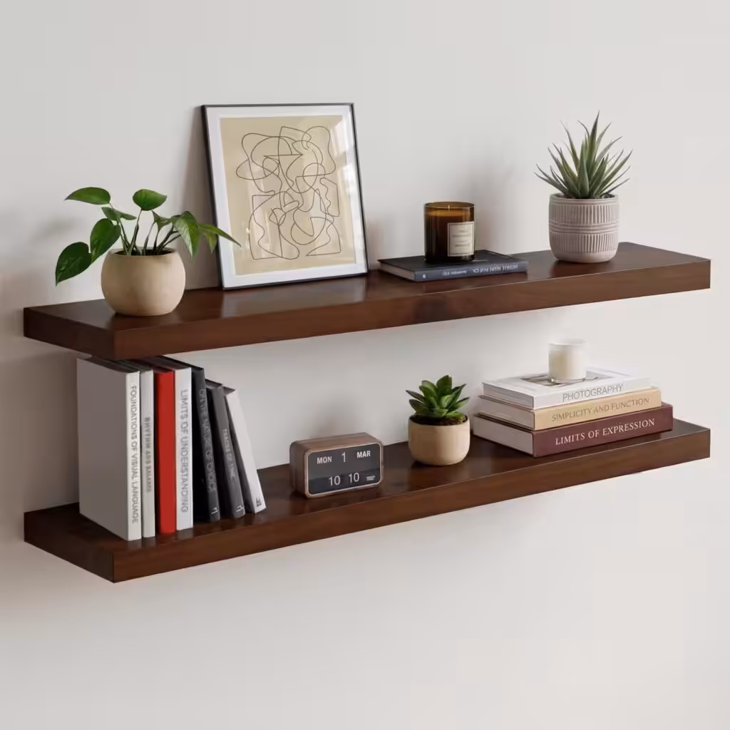 Homeforia Walnut 36 inch Floating Shelf, High End Solid Real Wood 36inch Large Shelves for Bathroom Wall, Dark Brown 36 inches Long Floating Shelves, Heavy Duty Bracket, 36 X 6.5 X 1.75 inch, Set of 2