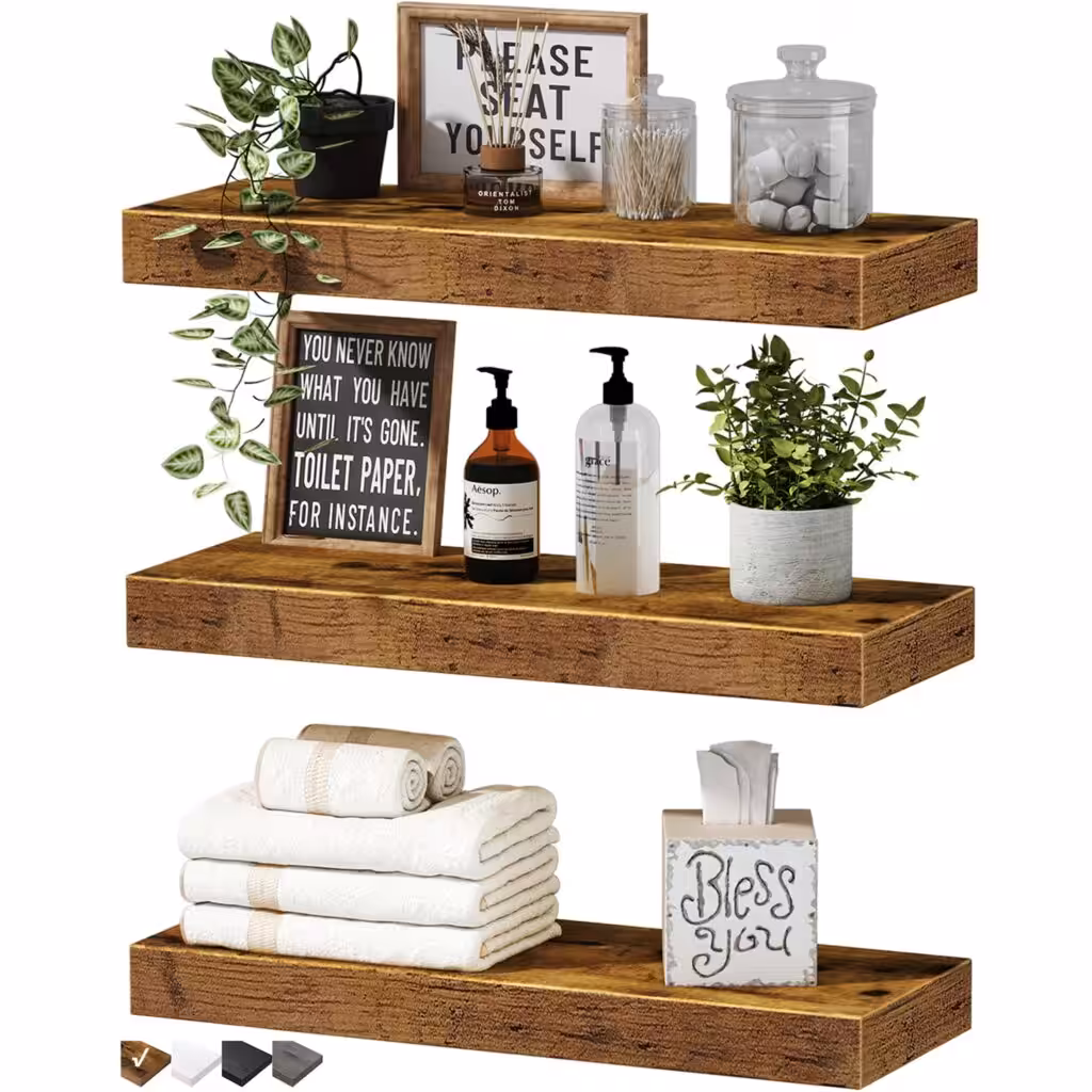 QEEIG Floating Shelves for Wall Bathroom Shelf Bedroom Kitchen Living Room Hanging Book Shelves Small Farmhouse Decor 16 inch Set of 3, Rustic Brown (015-BN3)