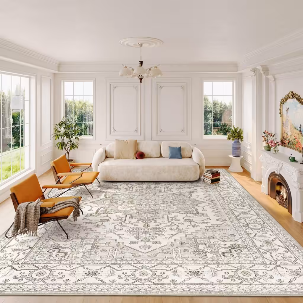 befbee 8x10 Area Rugs for Living Room, Stain Resistant Neutral Washable Rugs for Dining Room, Vintage Non-Slip Thin Large Size Beige Area Rug, Printed Vintage Home Decor Rug（Beige）