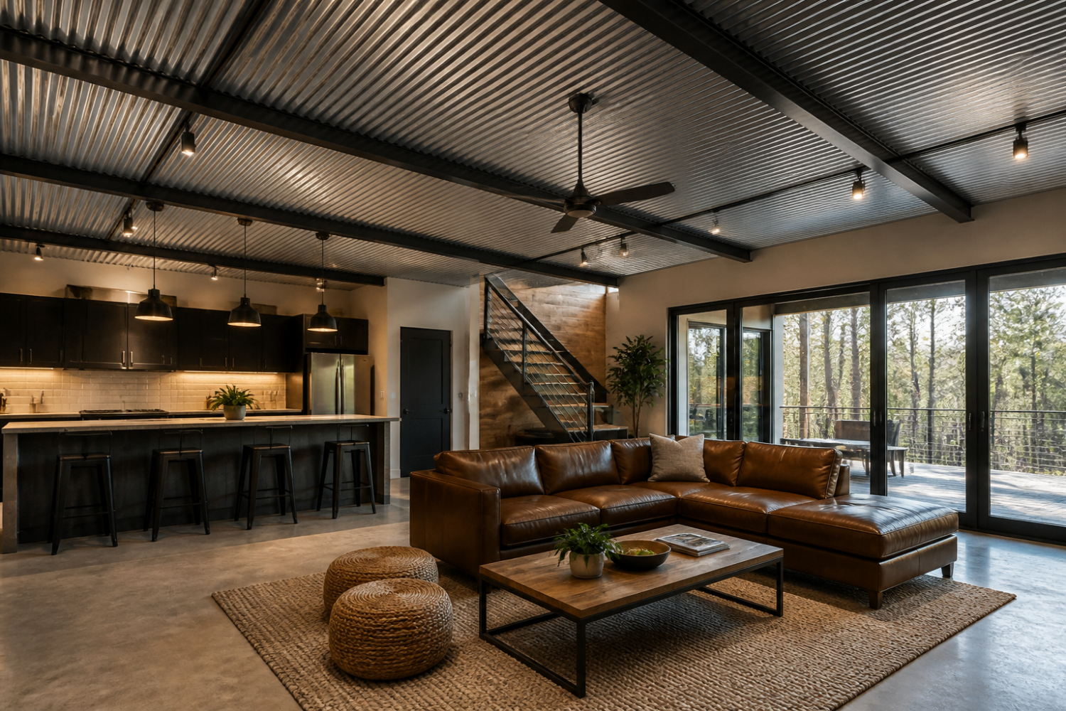 Stylish interior with corrugated metal ceiling showcasing modern design elements