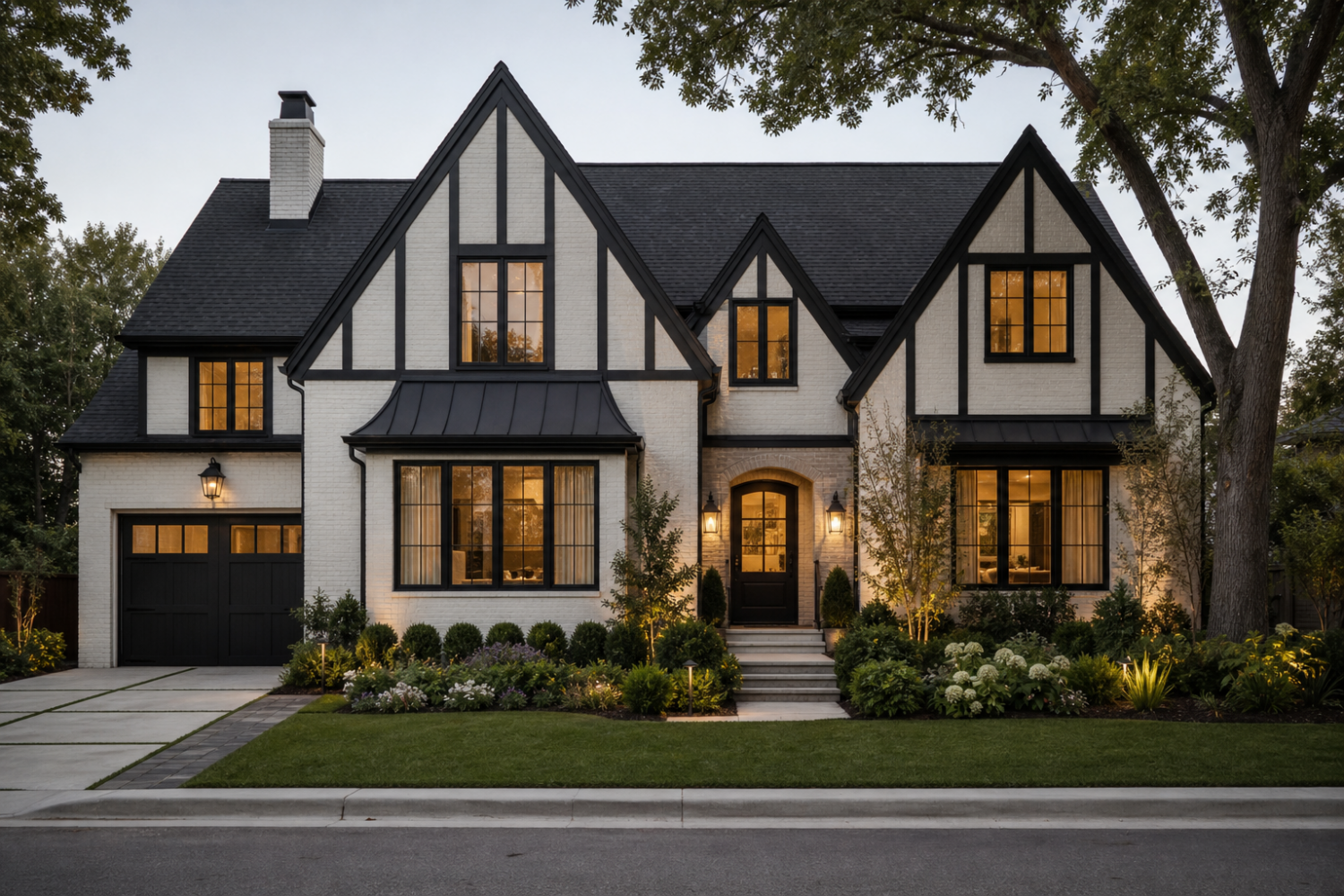 A modern Tudor house showcasing a blend of contemporary design with classic Tudor elements, highlighted by a charming facade.
