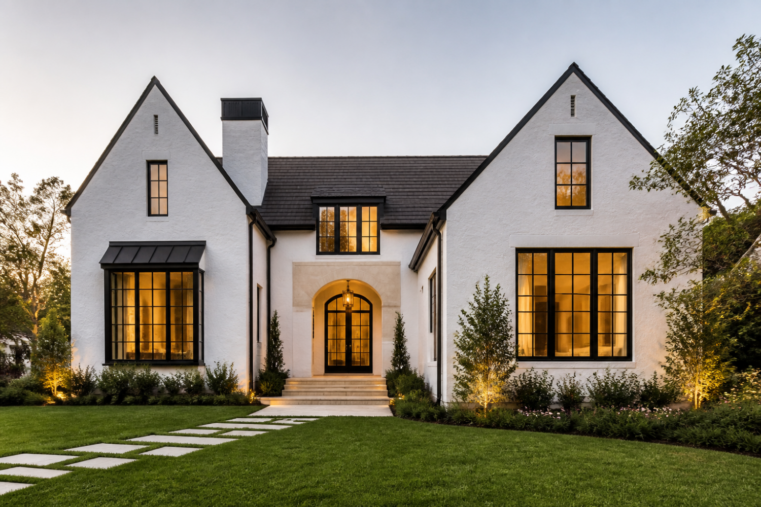 White stucco house with black trim