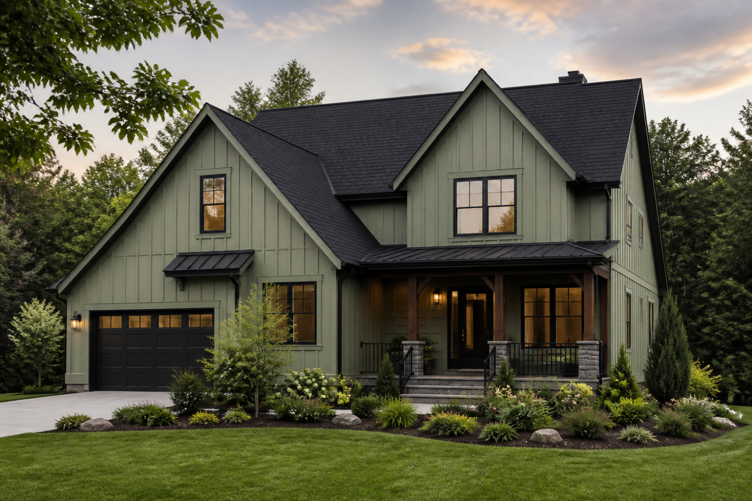 A sage green house with a black roof showcasing modern architecture and well-defined lines.