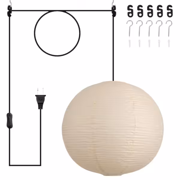 20in Paper Lanterns Plug in Hanging Lamp Off-White