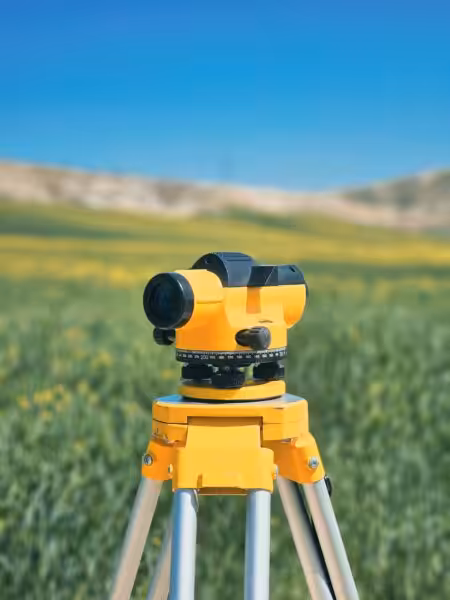 A surveyor tripod with a yellow level in a green countryside field under a clear blue sky.
