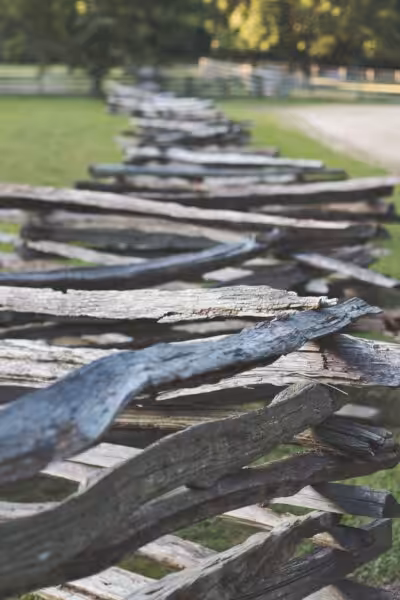 A zigzag split rail fence stretching across a lush rural landscape during the day.
