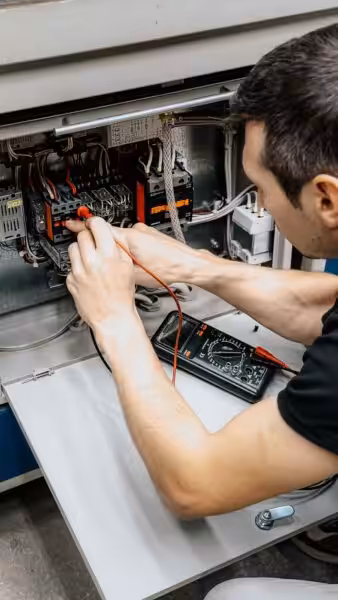 An electrician uses a multimeter to test and diagnose connections in an open electrical panel.