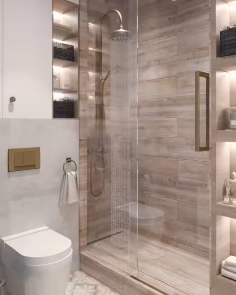 Beautiful tile patterns in a walk-in shower with glass