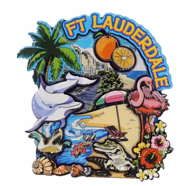 Fort Lauderdale Florida Beach and Fauna Wood Epoxy Magnet 3.75