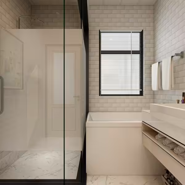 Glass enclosed walk-in shower with clean lines