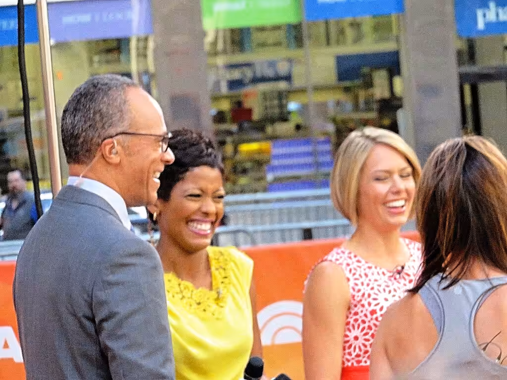 NBC-TV's Weeknd Today co-hosts in 2014, Rockefeller Center, New York City. From left: Lester Holt, Tamron Hall, and Dylan Dreyer.