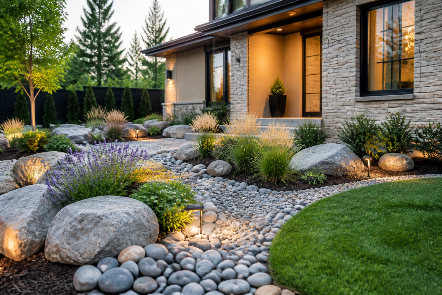 Rock focal point featuring a mix of flat stones and vibrant plants