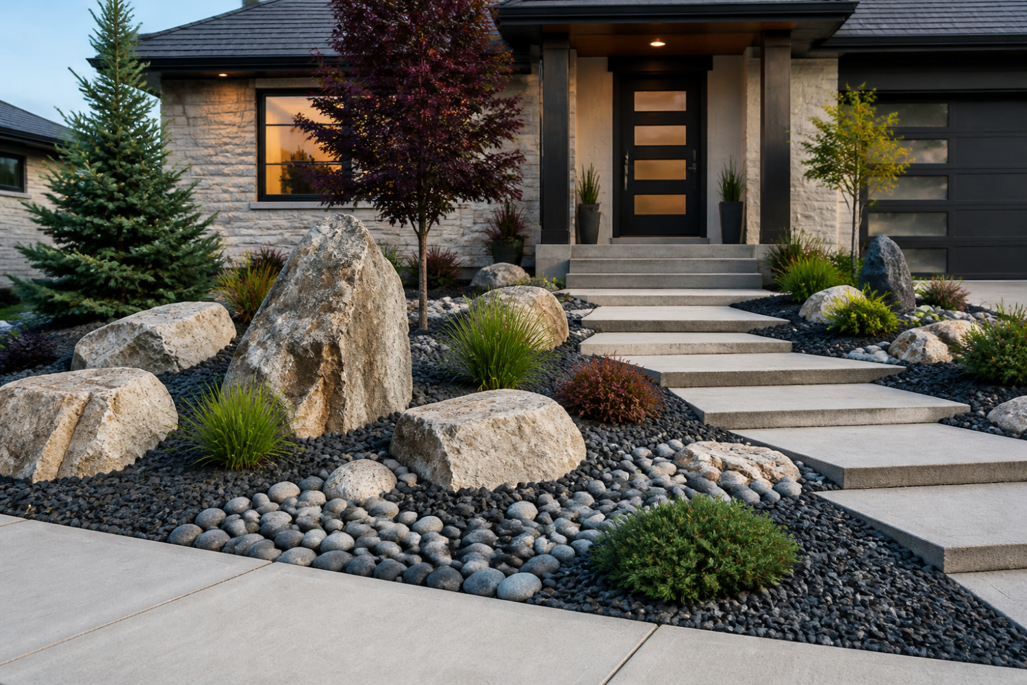 Rock formations with a variety of plants in a small yard