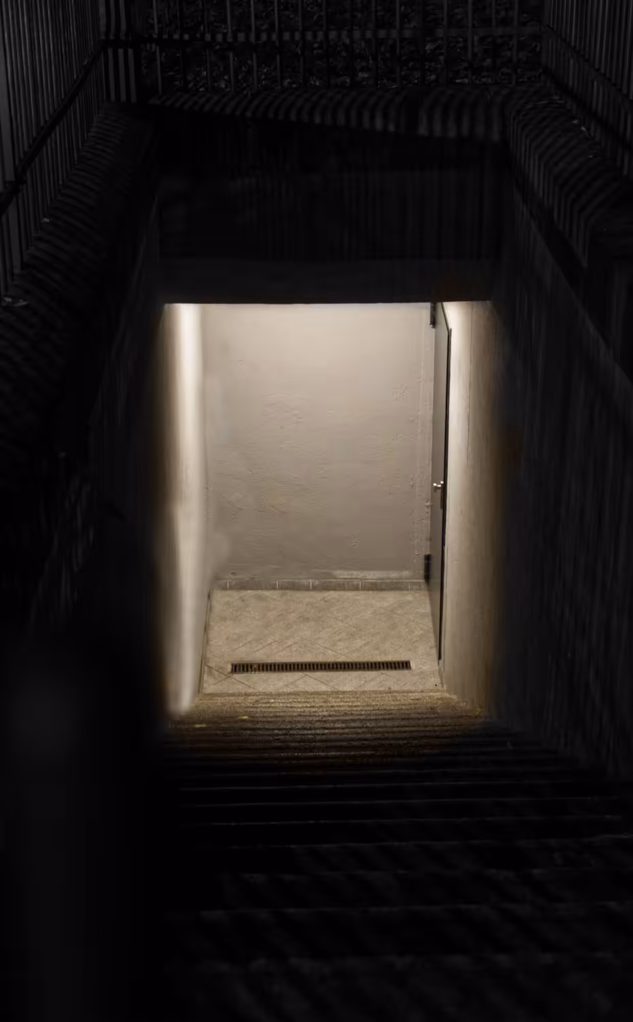 An intriguing view of a dimly lit staircase leading to a closed door in the night.