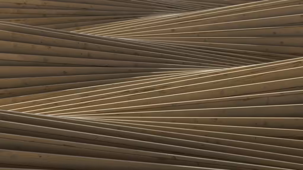 Abstract wooden structure with overlapping beams creating an intricate geometric pattern.