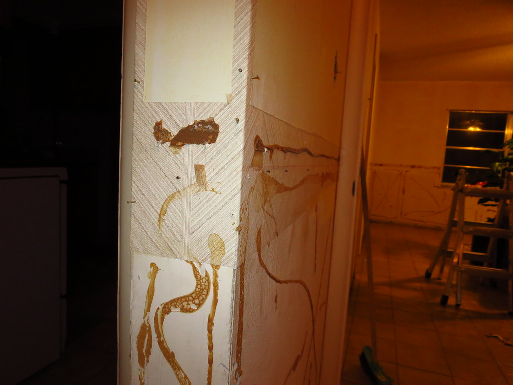 Paneling, wallpaper, construction adhesive, nail holes...