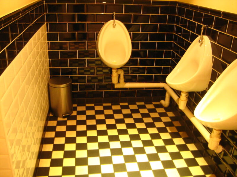 Interior of a British toilet with traditional fixtures.