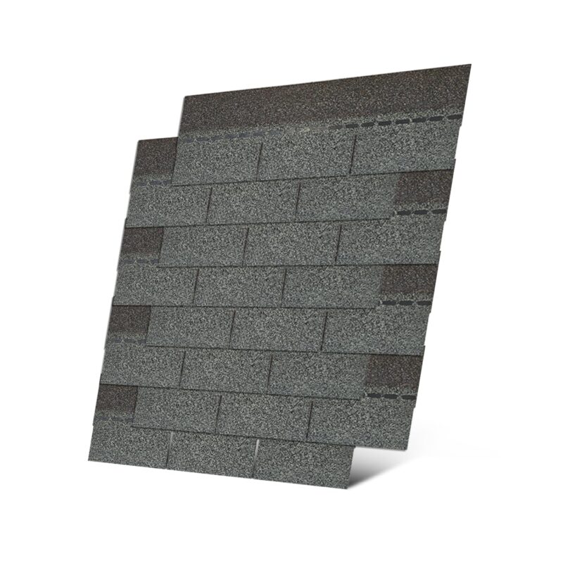 Gray 3-tab asphalt roofing shingles in an 8-pack