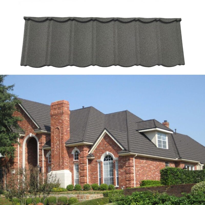 Gray metal asphalt roofing shingles laid out on a roof