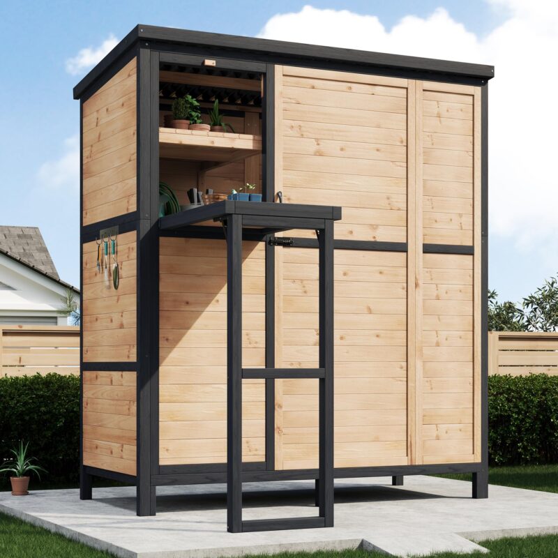 Jocisland wood storage cabinet shed with foldable workbench