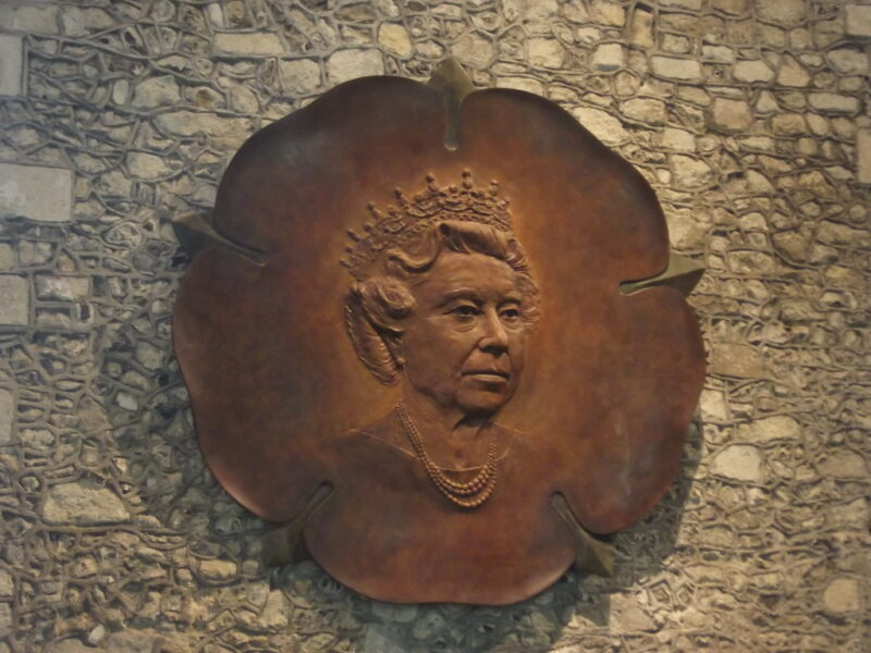 Inside the Great Hall - Winchester Castle - sculpture medallion of Elizabeth II