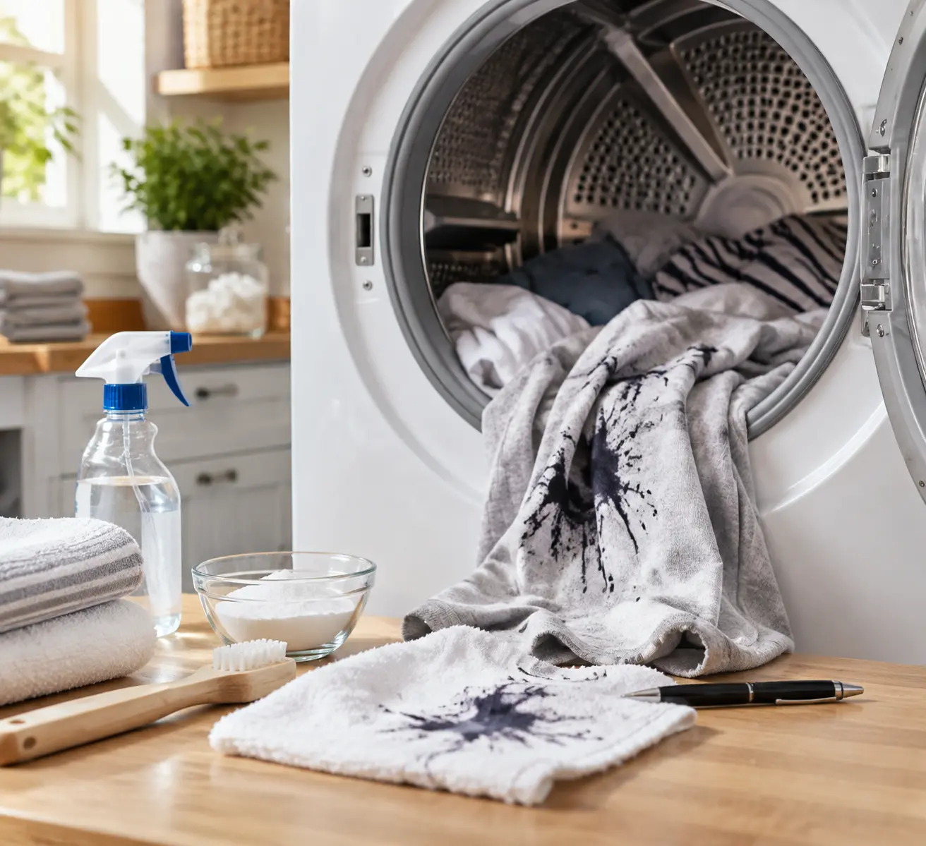 A dryer with ink stains being cleaned with a cloth