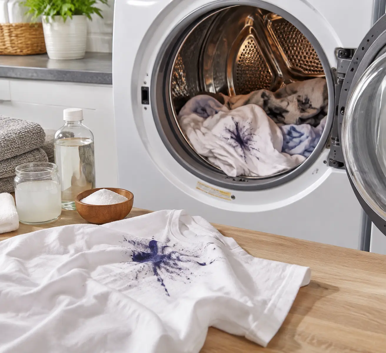 Clothes with ink stains on a drying rack