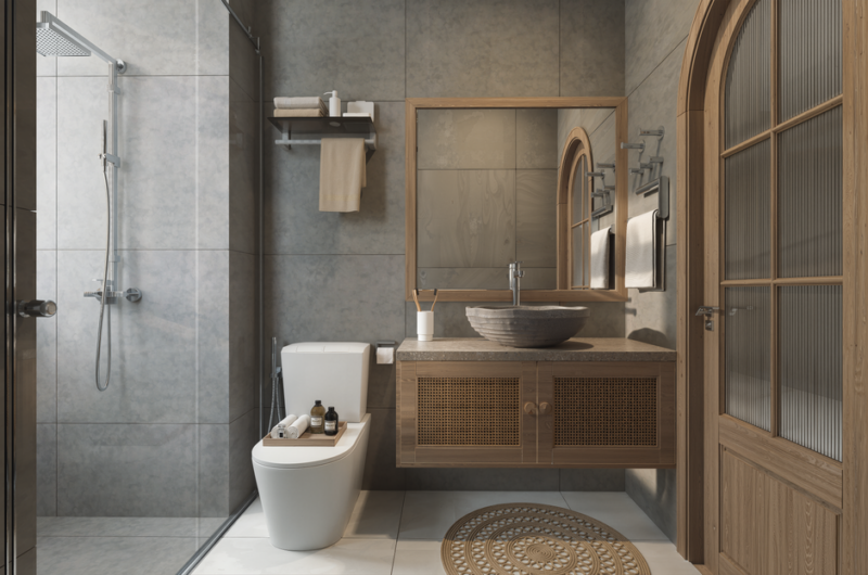 Stylish small bathroom with light wood wall panels that visually expand space, paired with matte black hardware.