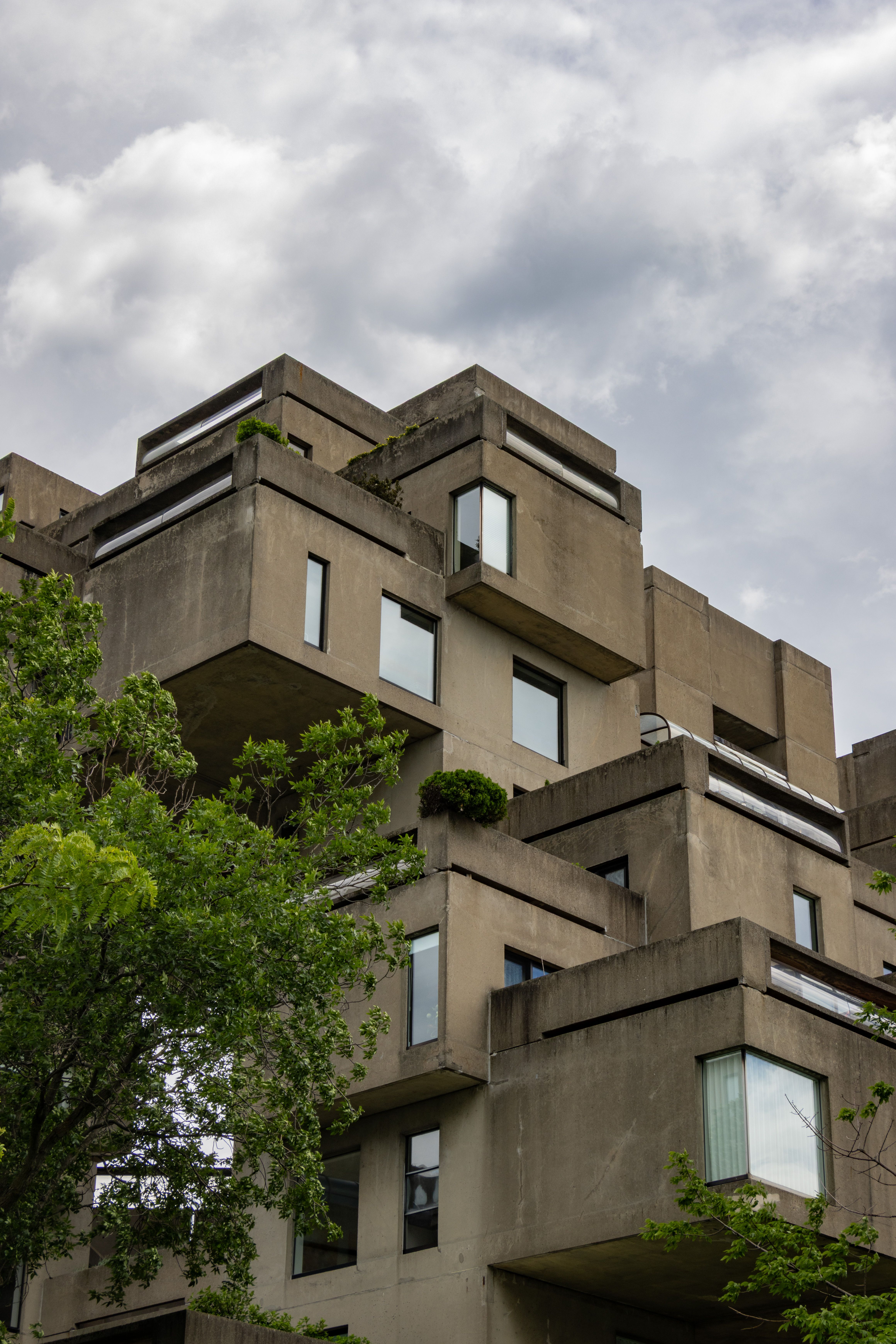 Iconic Habitat 67 building in Montreal, showcasing brutalist architecture.