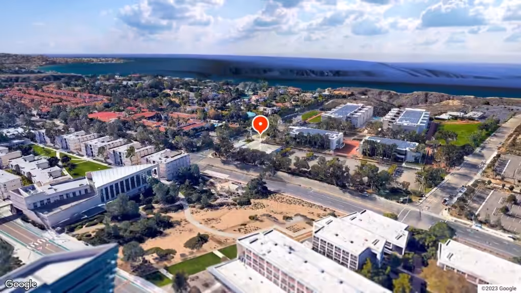 Aerial view of the Salk Institute showing its unique architecture and surroundings.